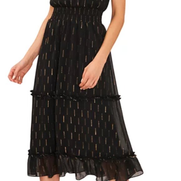 CeCe Women's Metallic Print Ruffled Smocked Waist Midi Dress XL Black w/Gold - Picture 7 of 8